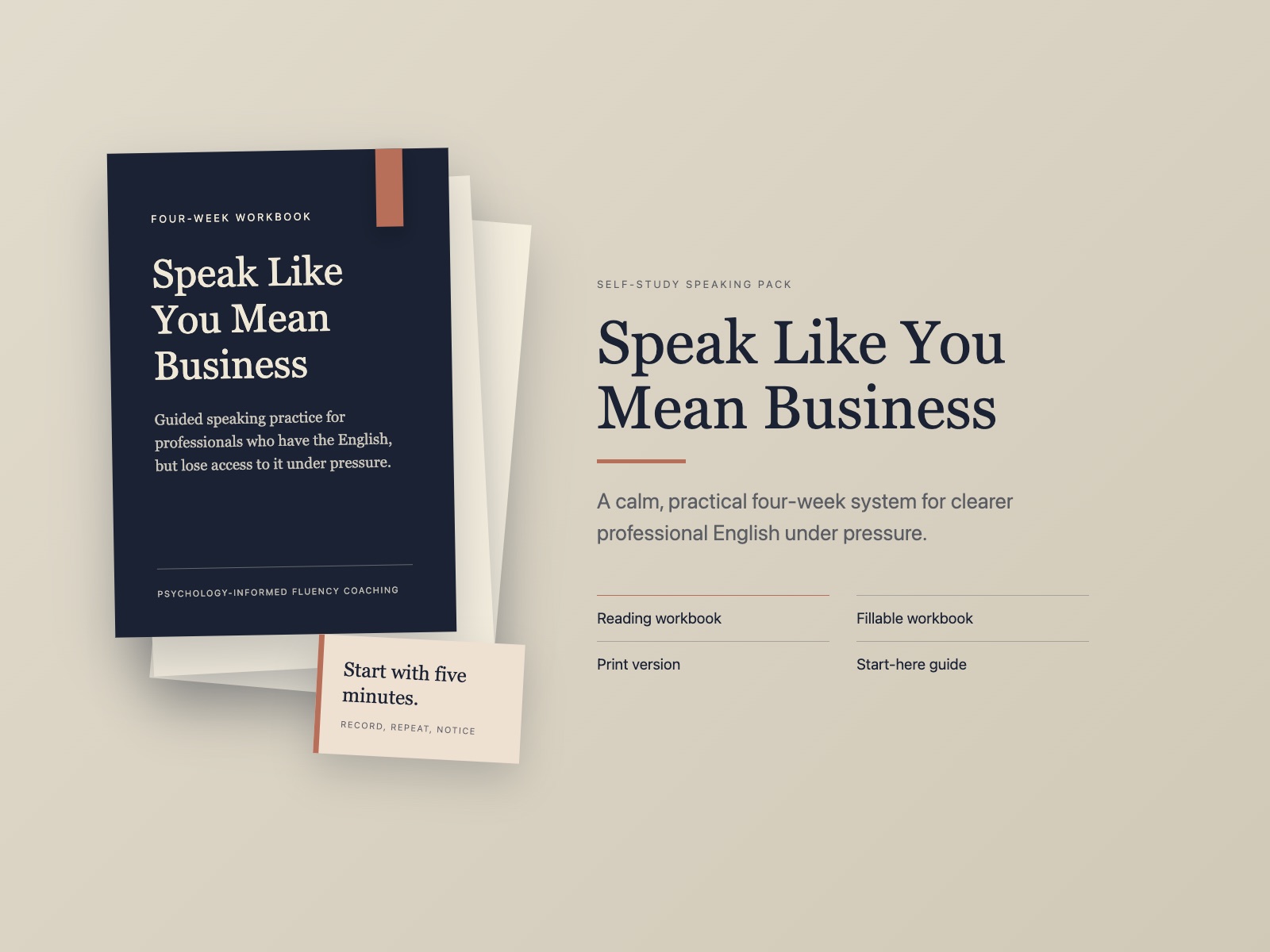 Speak Like You Mean Business workbook and practice cards