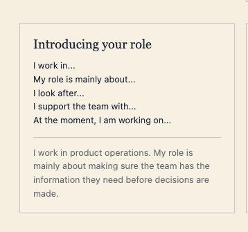 Close-up of real workplace phrases to practise, such as 'I work in...' and 'My role is mainly about...'