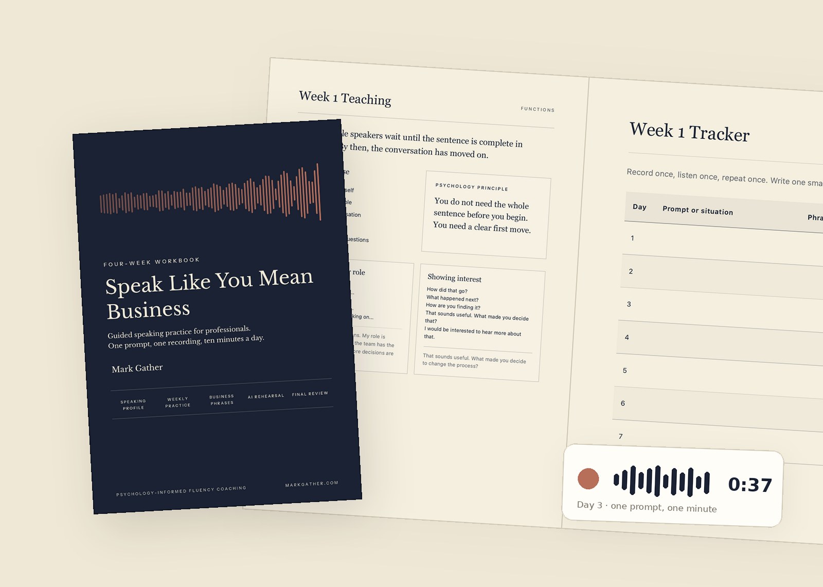 The Speak Like You Mean Business workbook cover beside an open teaching spread, with a voice recording paused at 37 seconds
