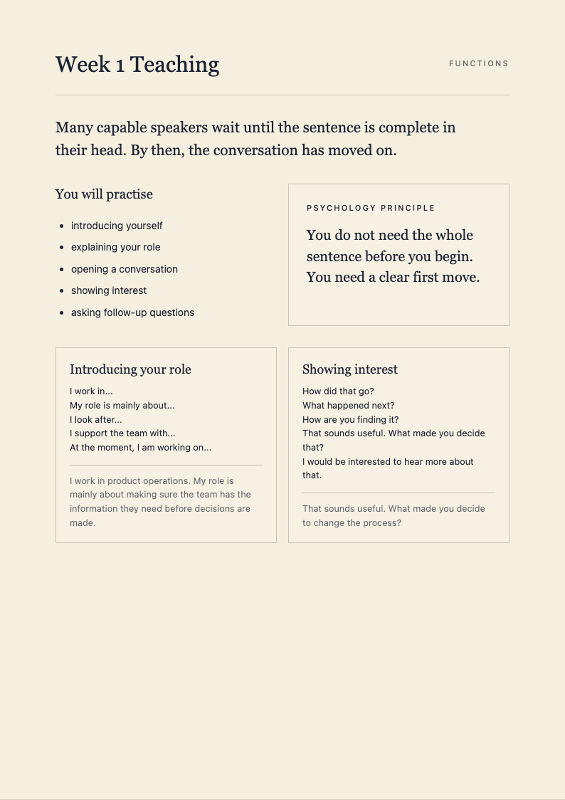 Week 1 teaching page with phrase functions and a psychology principle
