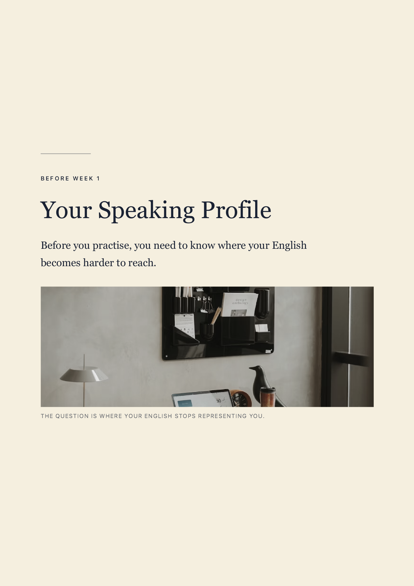 The Your Speaking Profile section opener, with a photograph of a quiet desk