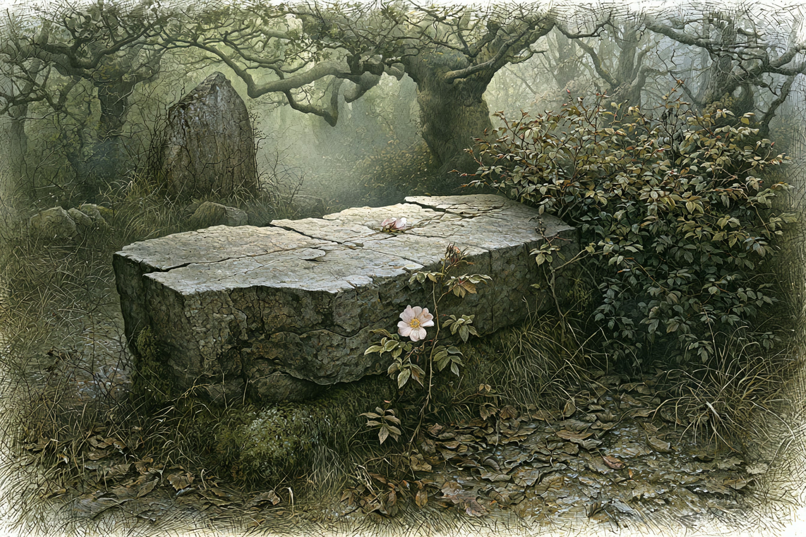 A wild rose grows beside an ancient stone in Carterhaugh